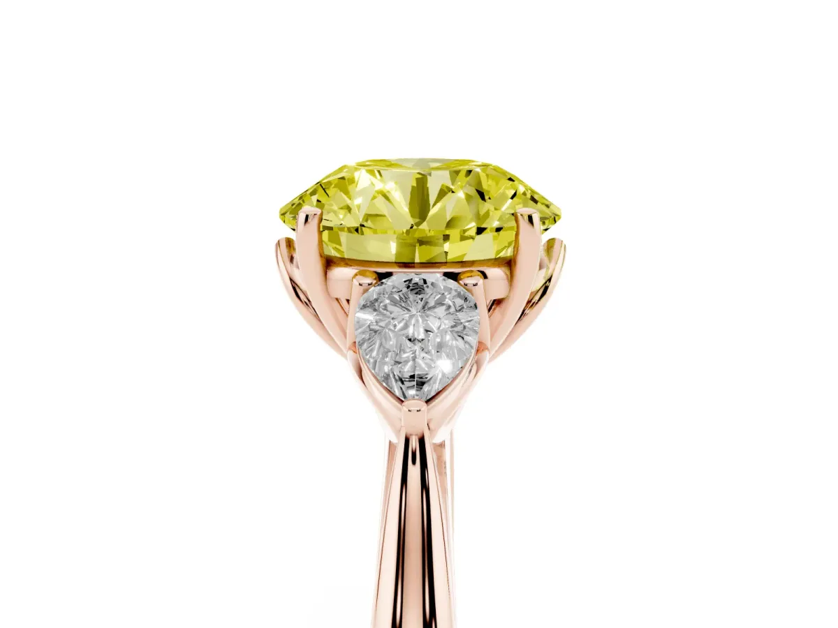 Fancy Yellow Three-Stone Round Cut Diamond Ring with Pear Side Stones in Four-Prong Setting Rose gold