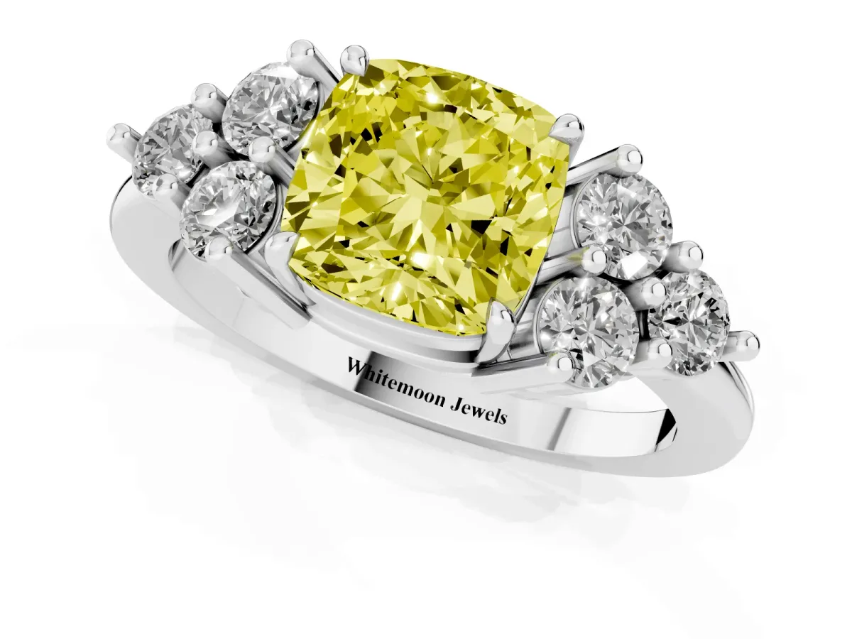 Fancy Yellow Cushion Cut Brilliant Diamond Cluster Accent Solitaire Ring with Prong Setting Silver