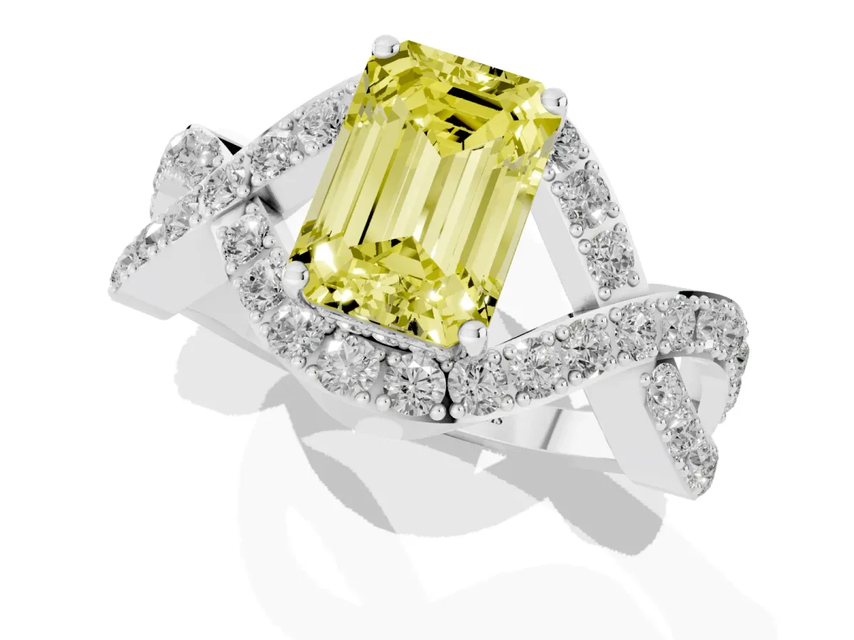 Fancy Yellow Emerald Cut Solitaire Twist Band Pavé Diamond Engagement Ring Silver