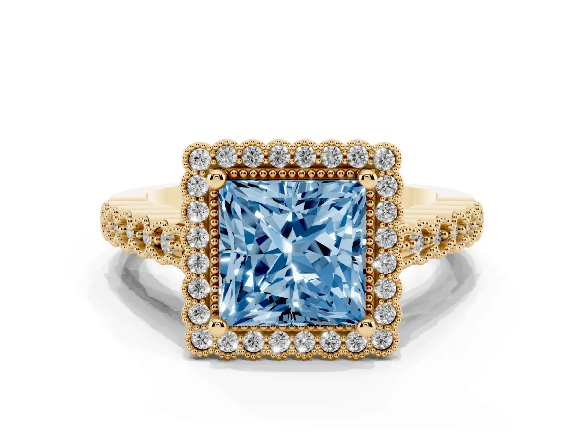Fancy Blue Princess Cut Cut Halo Pavé Solitaire Ring with Milgrain Band Yellow gold