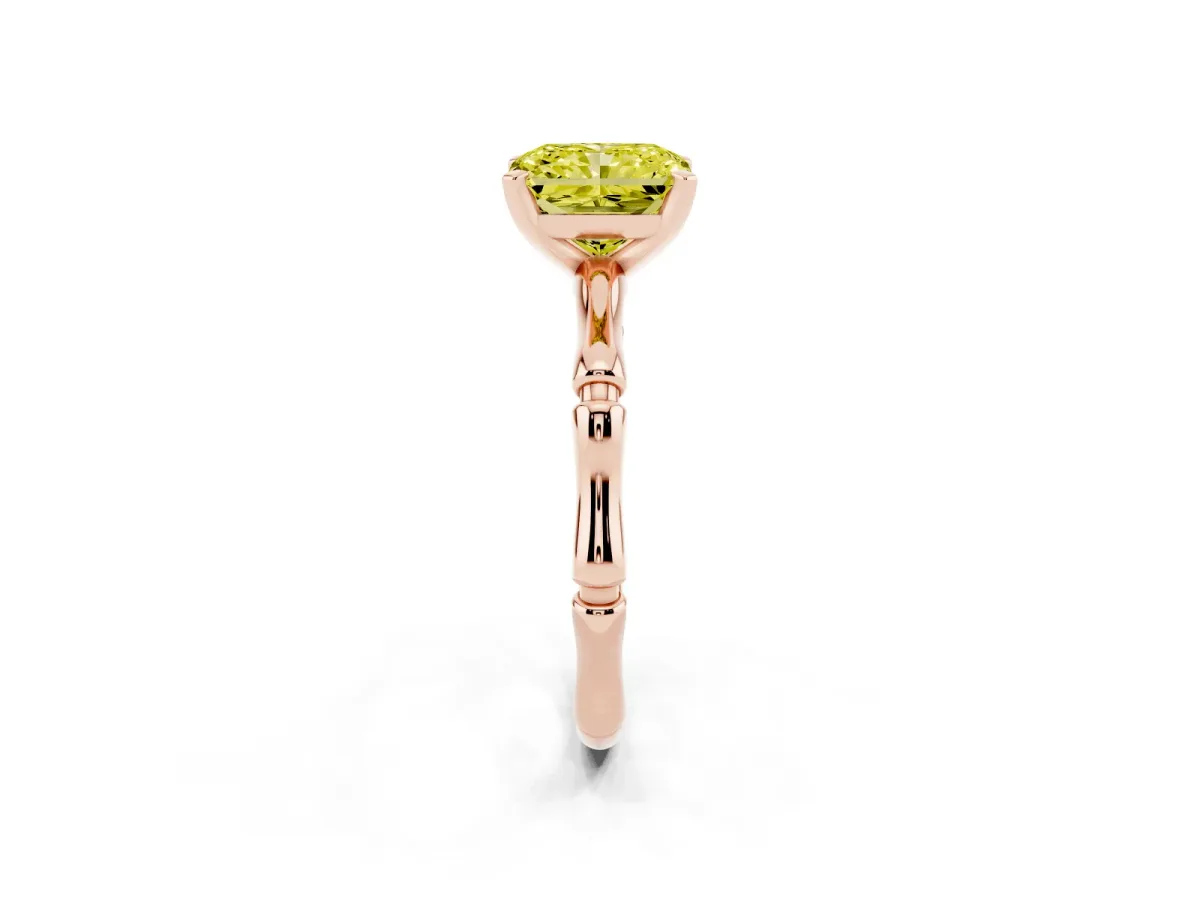 Fancy Yellow Radiant Cut Solitaire Diamond Ring with Bamboo Band and Four-Prong Setting Rose gold