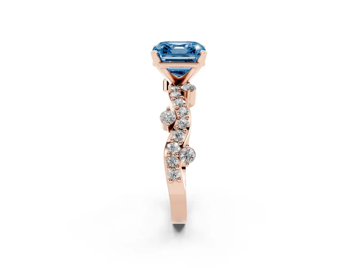 Fancy Blue Asscher Cut Cut Solitaire Diamond Twisted Band with Pave Setting Rose gold