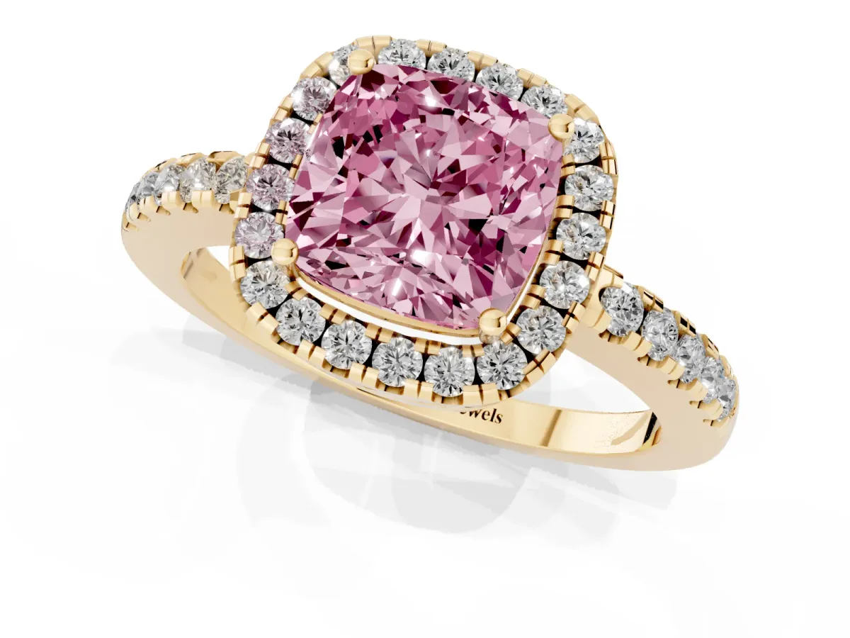Fancy Pink Cushion Cut Halo Diamond Engagement Ring with Pavé Band and Four-Prong Setting Yellow gold