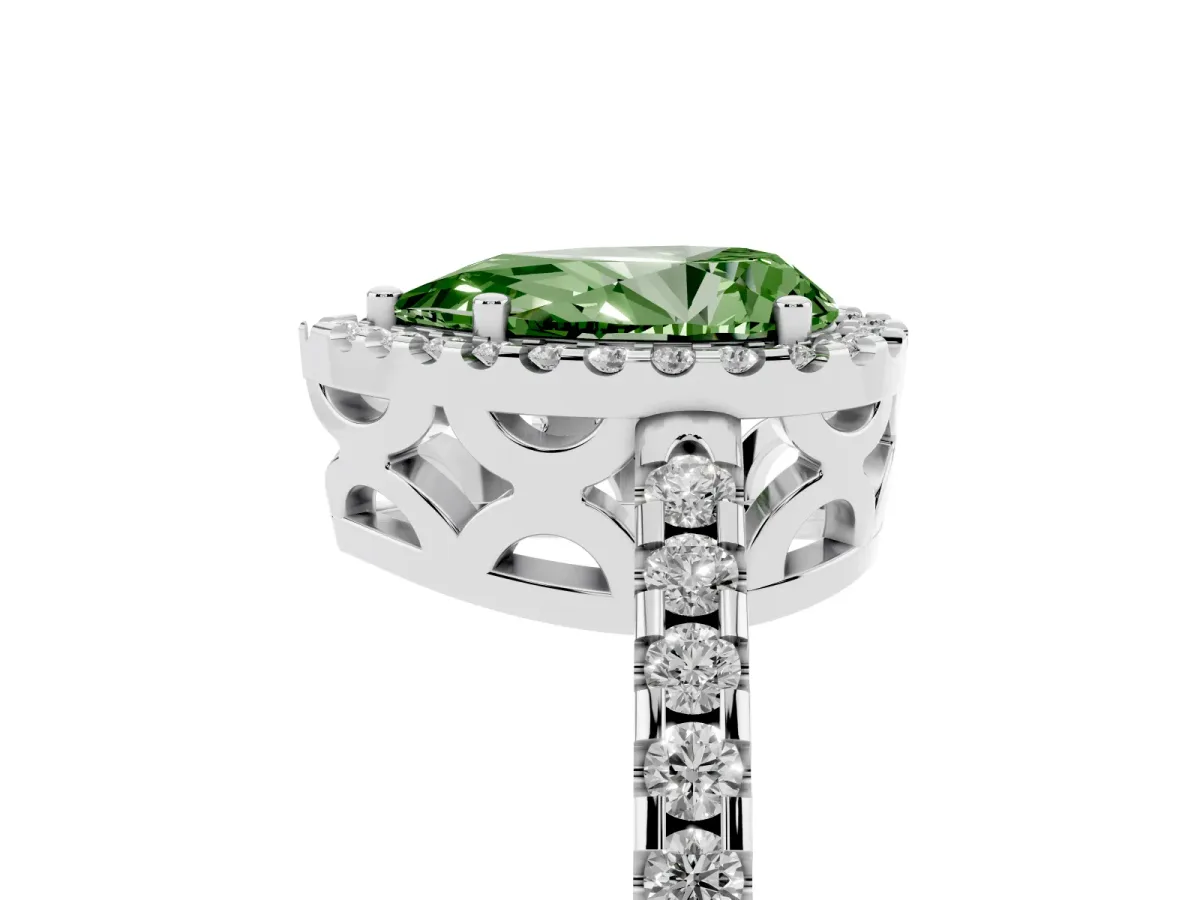 Fancy Green Pear Cut Diamond Halo Engagement Ring with Pavé Band and Prong Setting Silver
