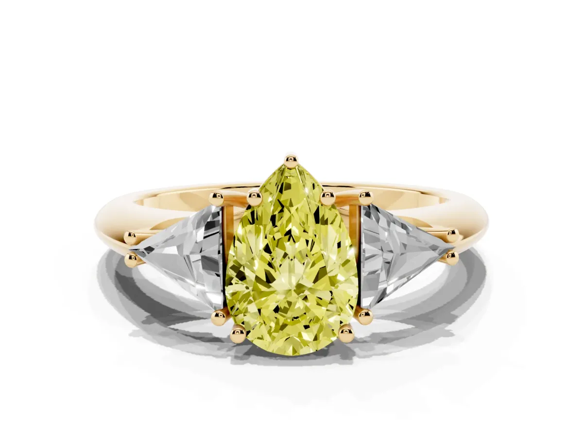Fancy Yellow Three-Stone Pear Cut Diamond Engagement Ring with Trillion Side Stones and Prong Setting Yellow gold