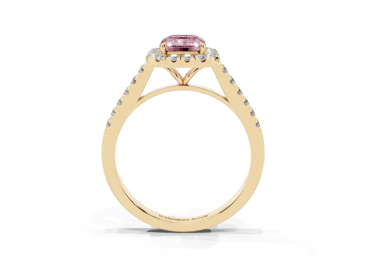 Fancy Pink Emerald Cut Halo Pave Diamond Engagement Ring with Four-Prong Setting Yellow gold