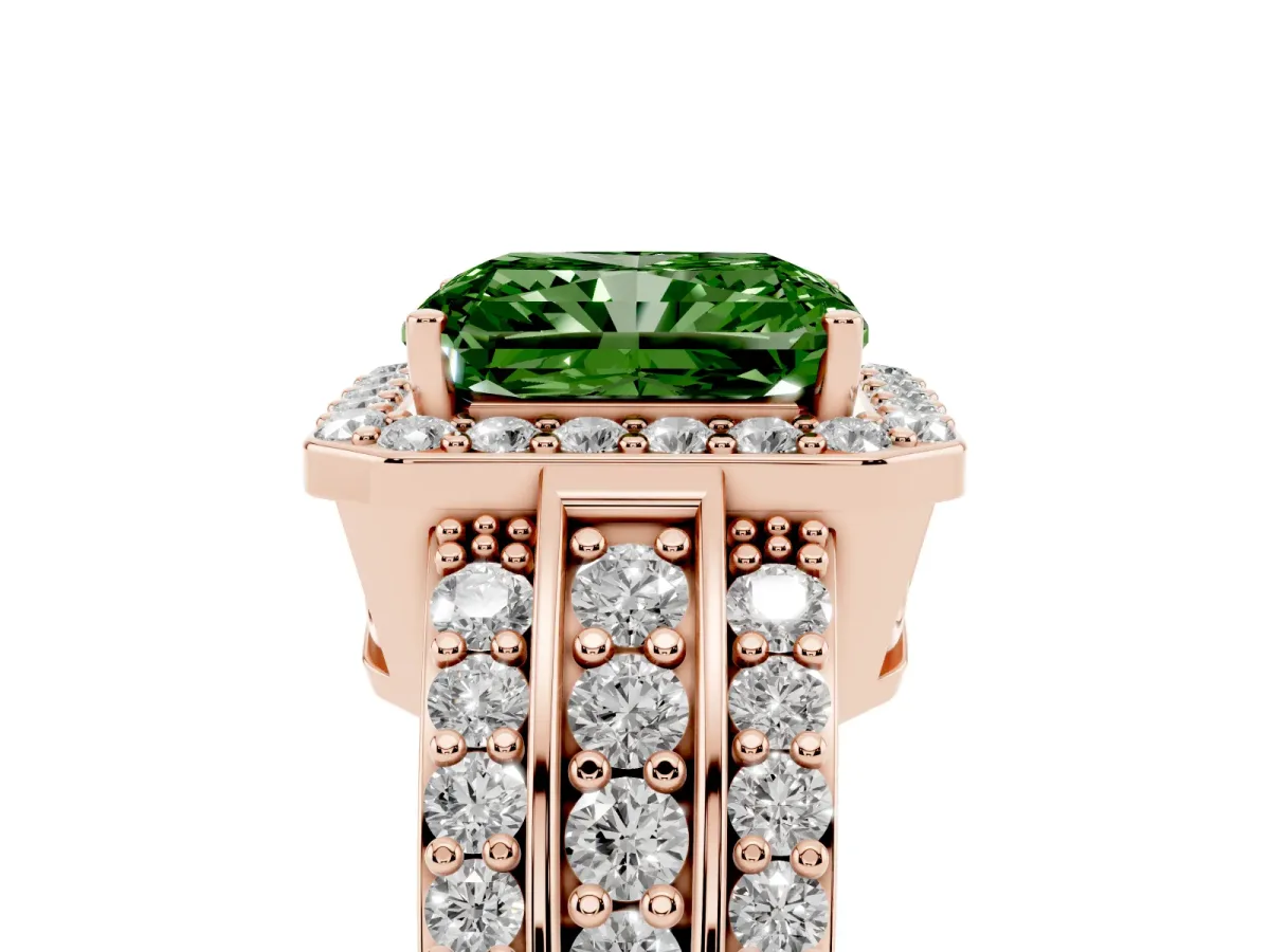 Fancy Green Radiant Cut Halo Diamond Ring with Round Split Shank and Prong Setting Rose gold