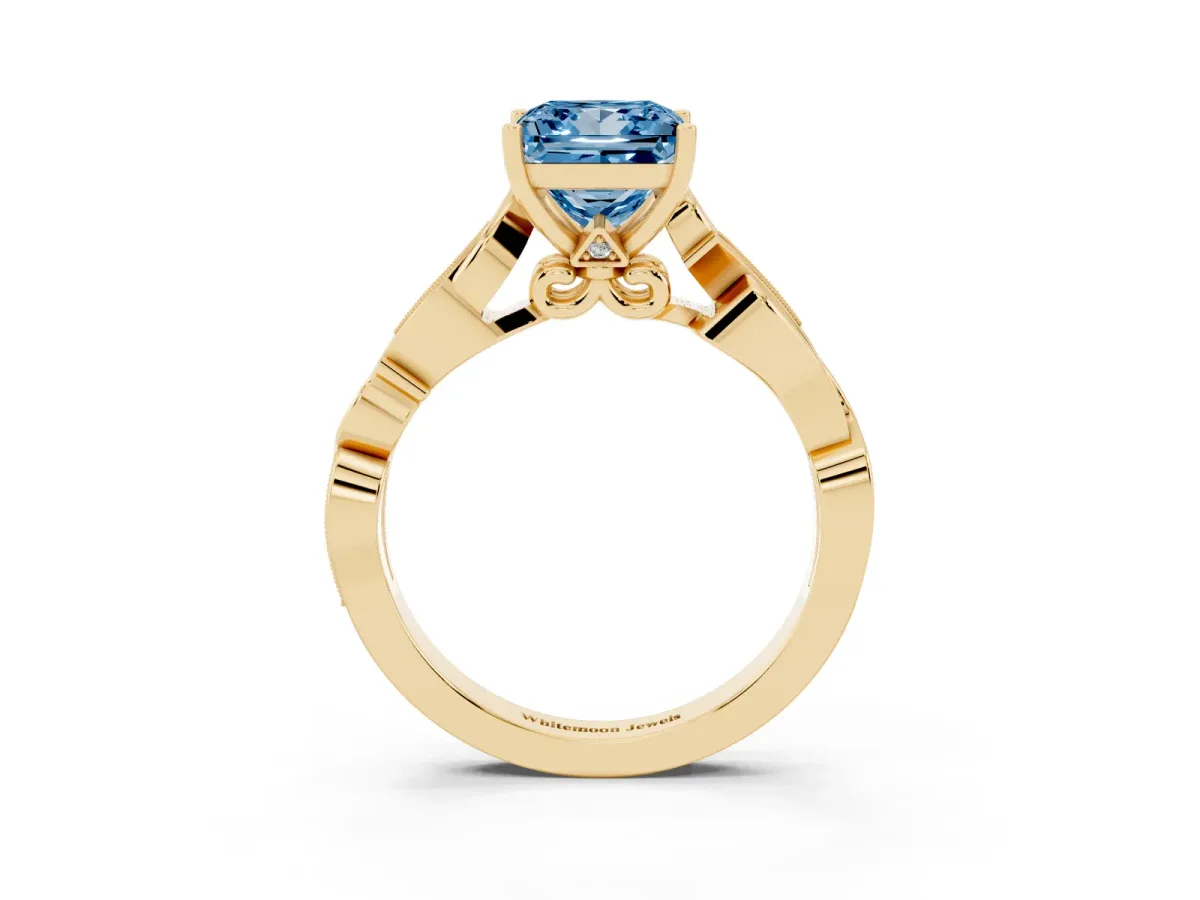 Fancy Blue Princess Cut Solitaire Vine Band with Milgrain Prong Setting Yellow gold