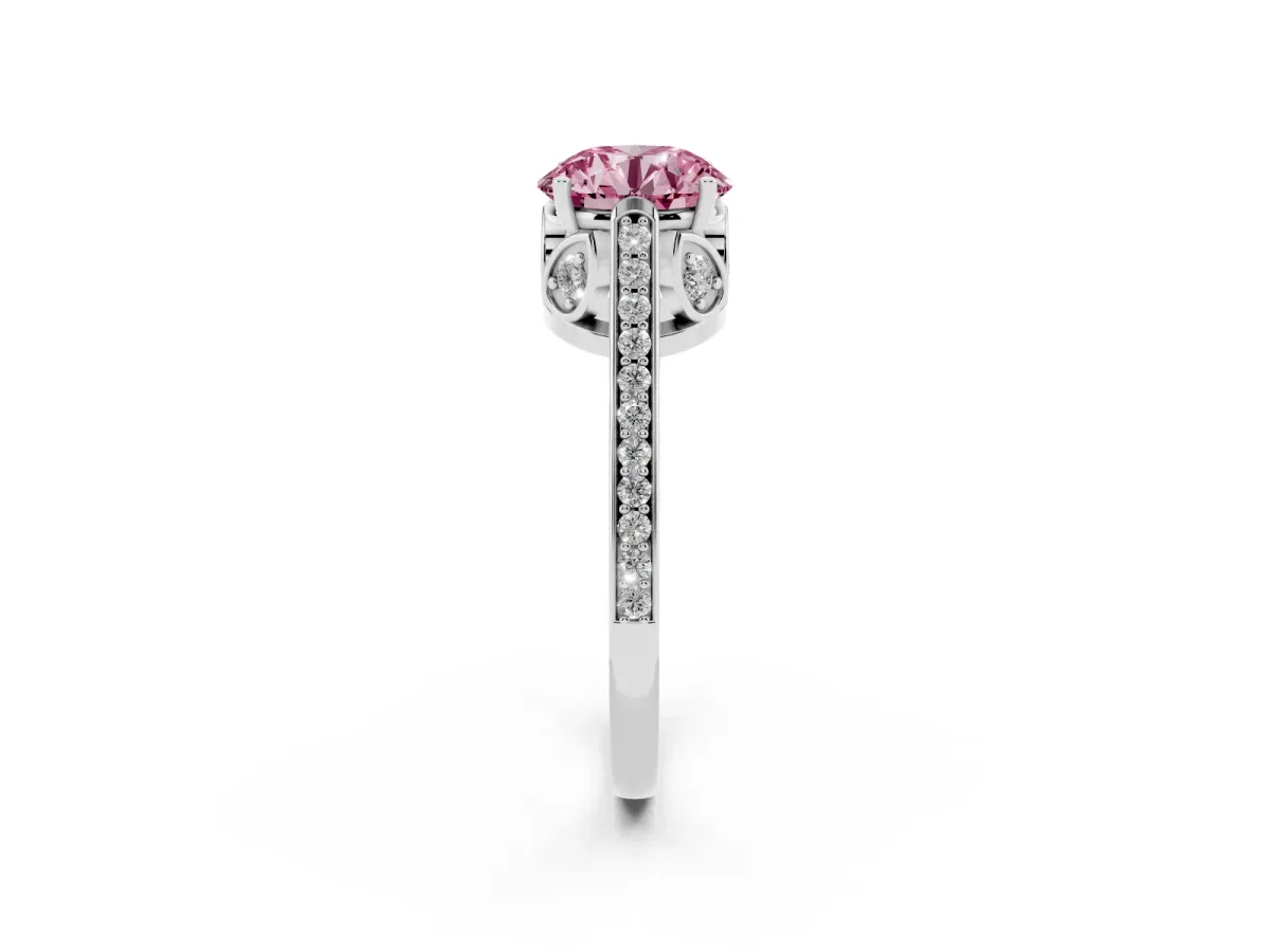 Fancy Pink Round Cut Cut Cathedral Pave Diamond Engagement Ring with Six-Prong Setting Silver