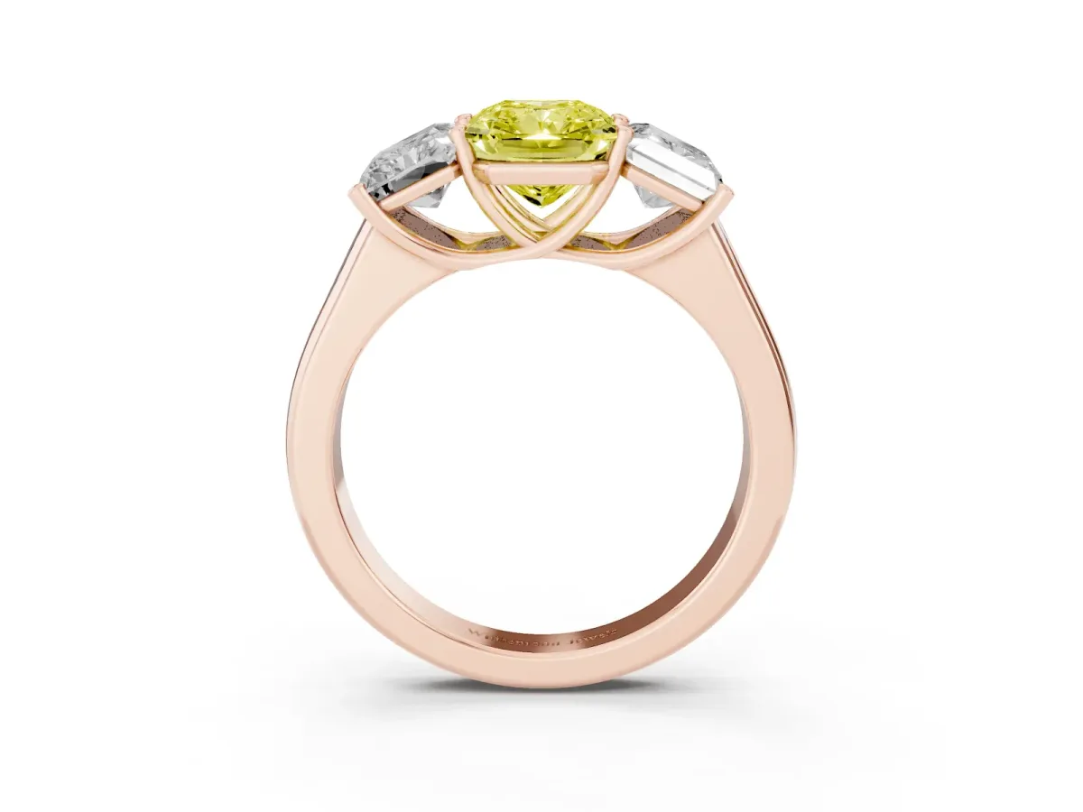 Fancy Yellow Radiant Cut Three-Stone Diamond Ring with Prong Setting on a Classic Band Rose gold