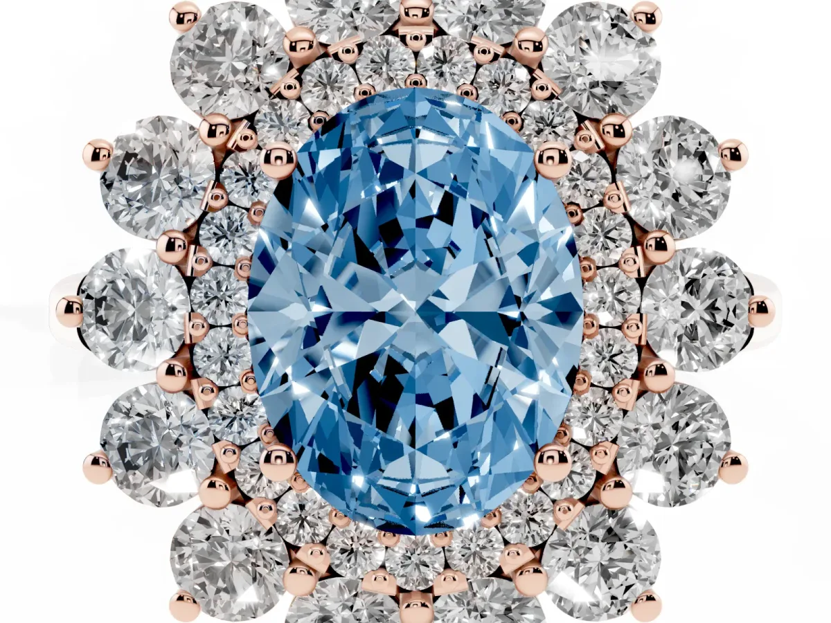 Fancy Blue Oval Cut Diamond Floral Double Halo Engagement Ring with Prong Setting Rose gold
