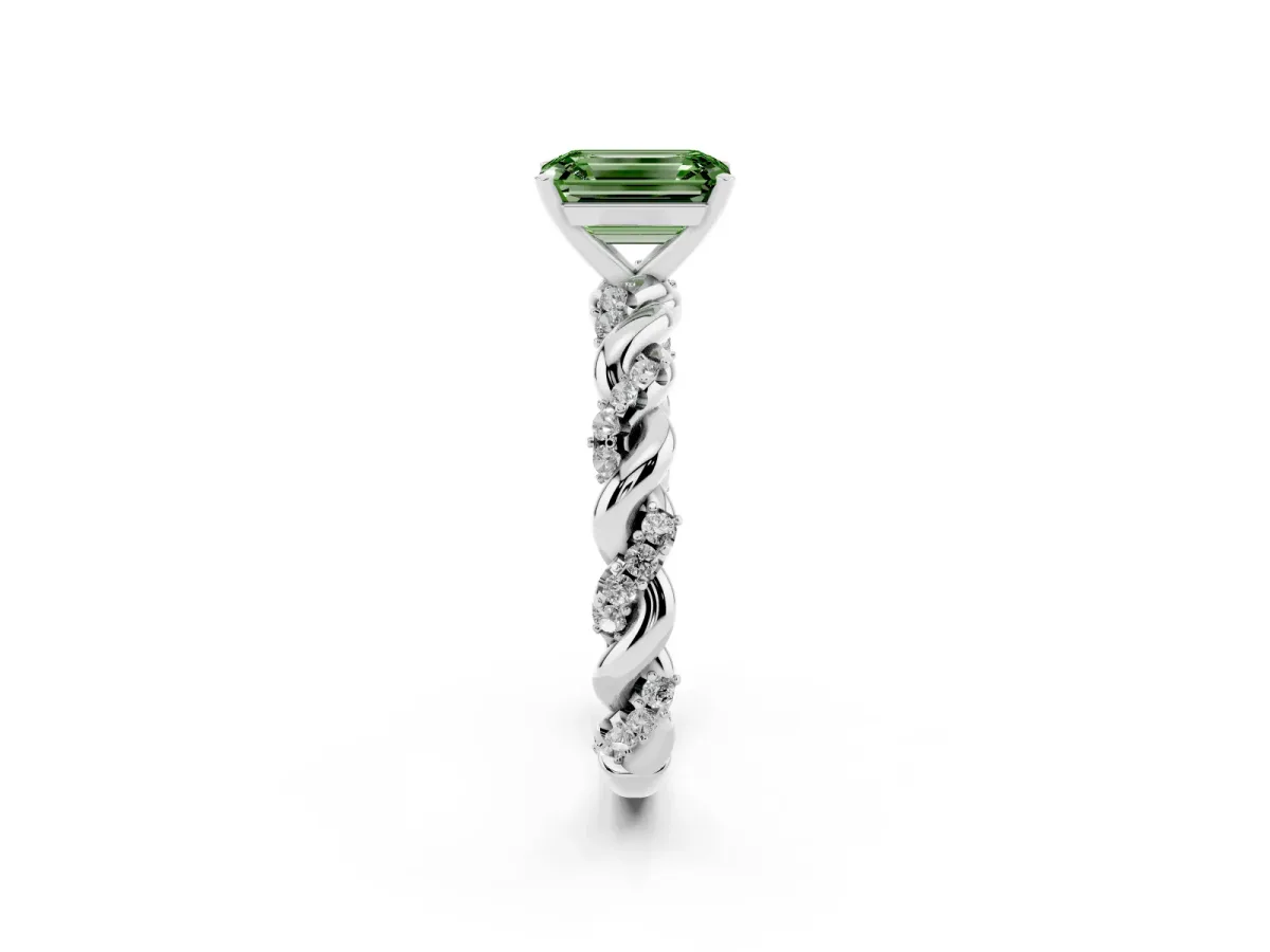 Fancy Green Emerald Cut Diamond Solitaire Ring with Twisted Band and Pavé Accents Silver