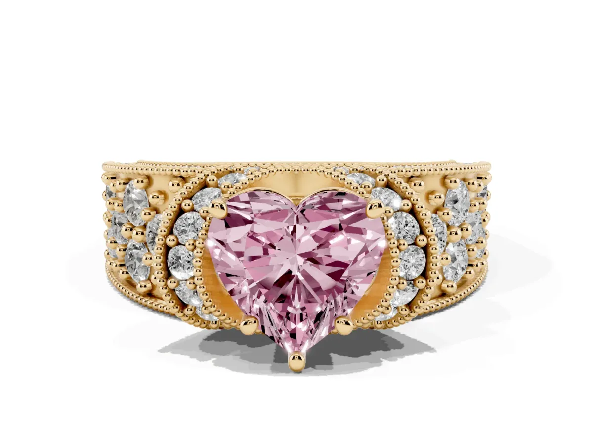 Fancy Pink Heart Cut Halo Pave Diamond Engagement Ring with Milgrain Detailing Yellow gold