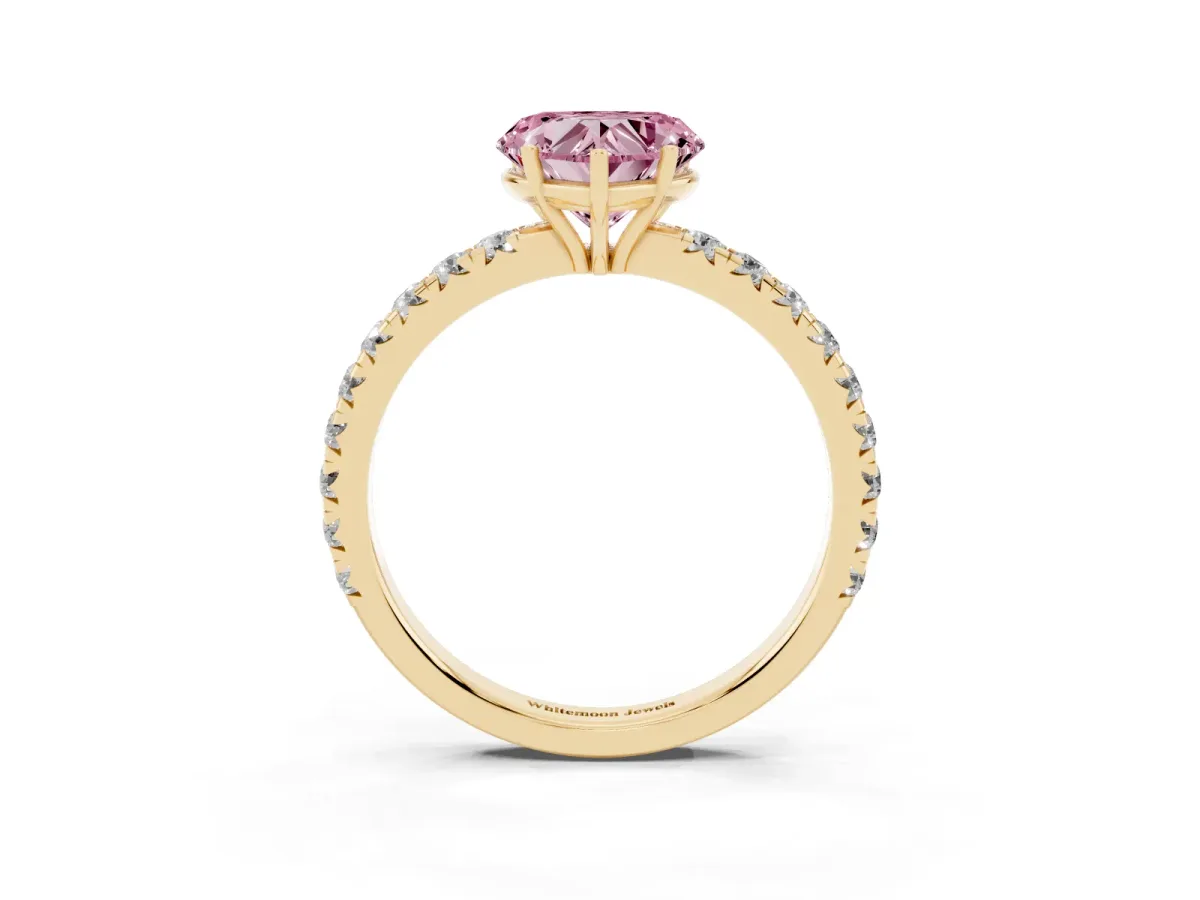 Fancy Pink Heart Cut Diamond Pavé Solitaire Engagement Ring with Four-Prong Setting Yellow gold