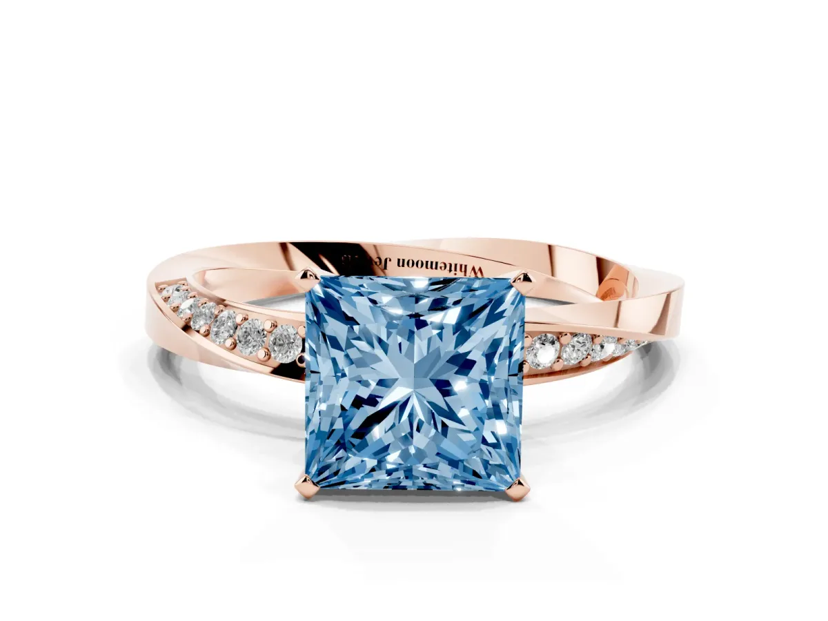Fancy Blue Princess Cut Diamond Engagement Ring with Side Stone Accents and Four-Prong Setting Rose gold
