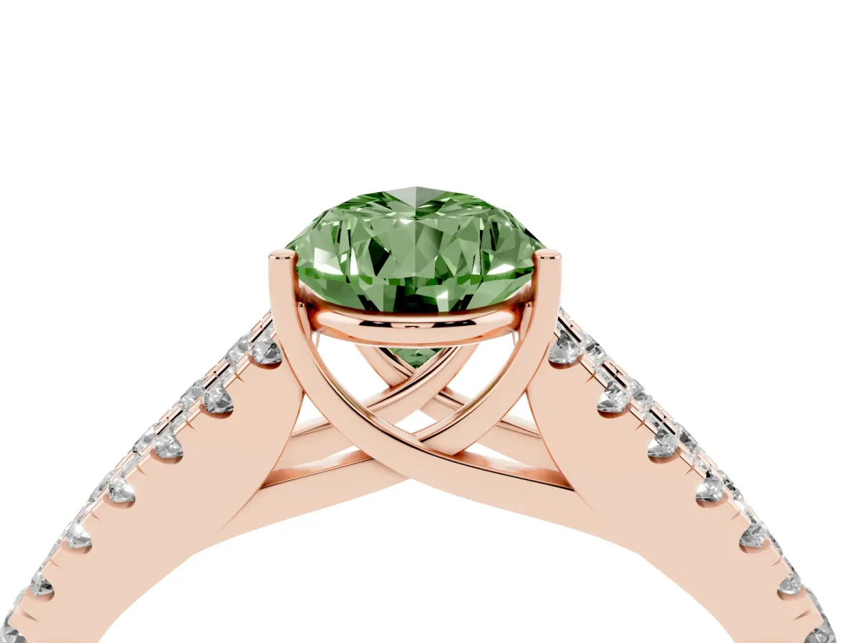 Fancy Green Pear Cut Diamond Split Shank Pavé Engagement Ring with Four-Prong Setting Rose gold