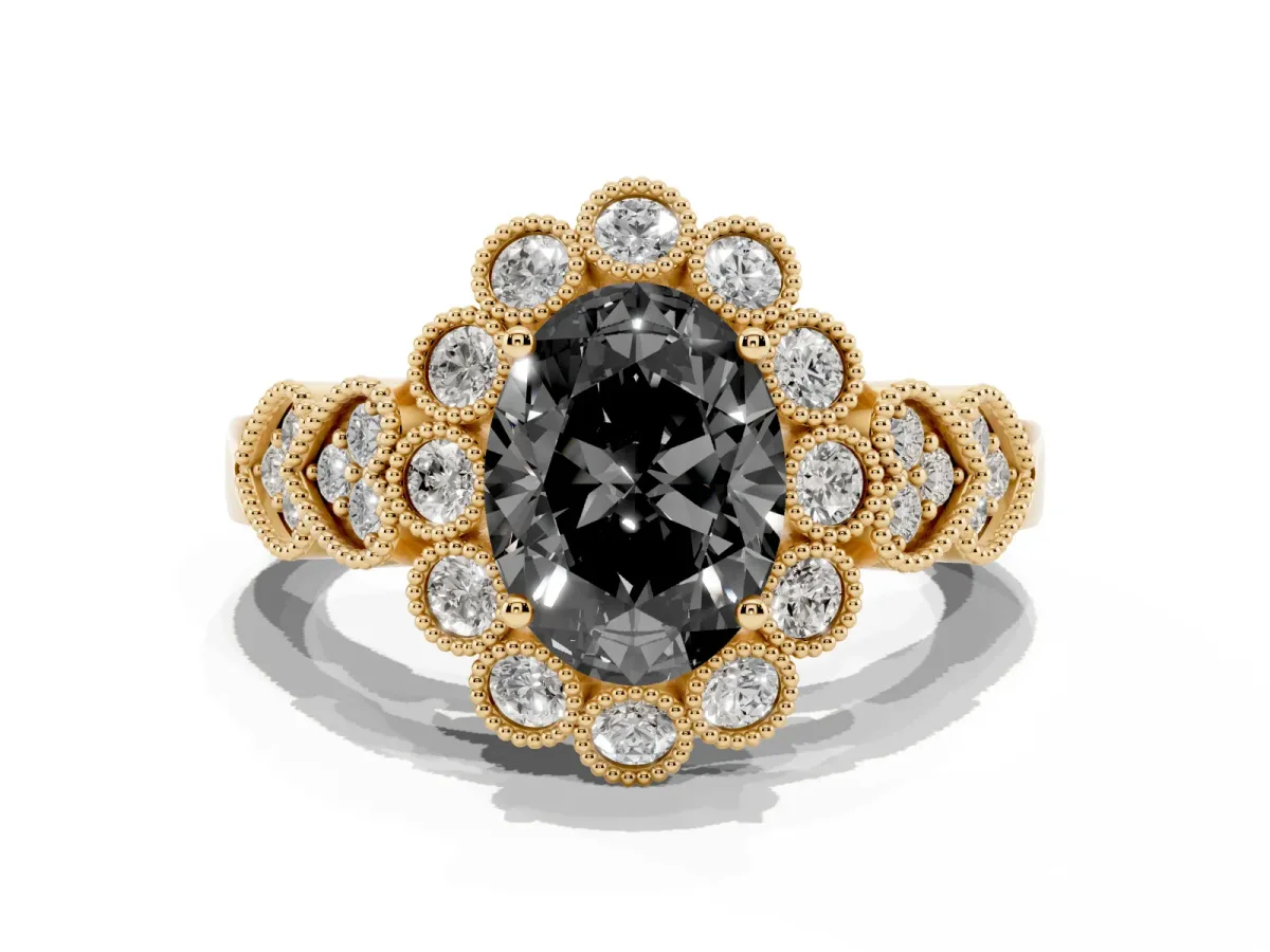 Fancy Black Oval Cut Brilliant Milgrain Pave Heart Band Solitaire Ring Yellow gold