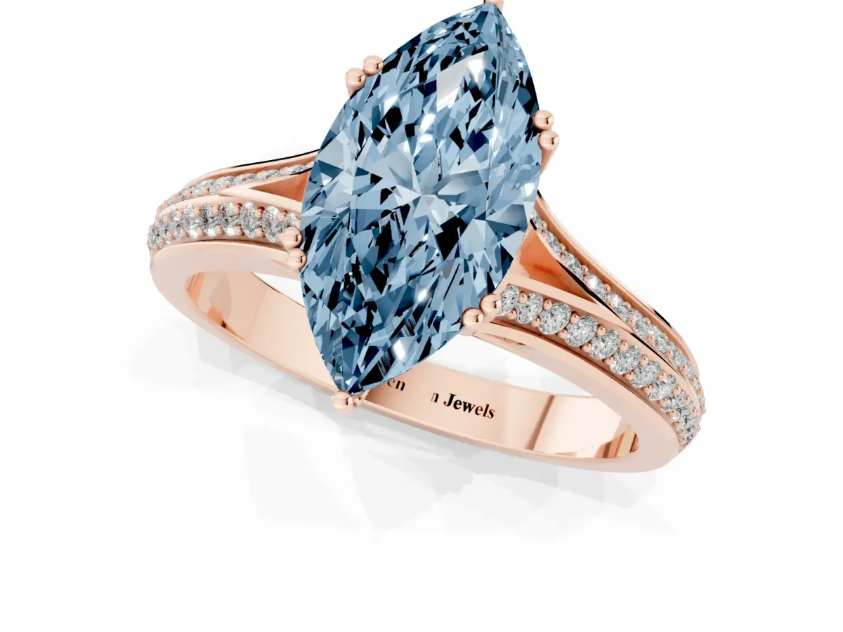 Fancy Blue Marquise Cut Diamond Split Shank Engagement Ring with Pavé Band Rose gold
