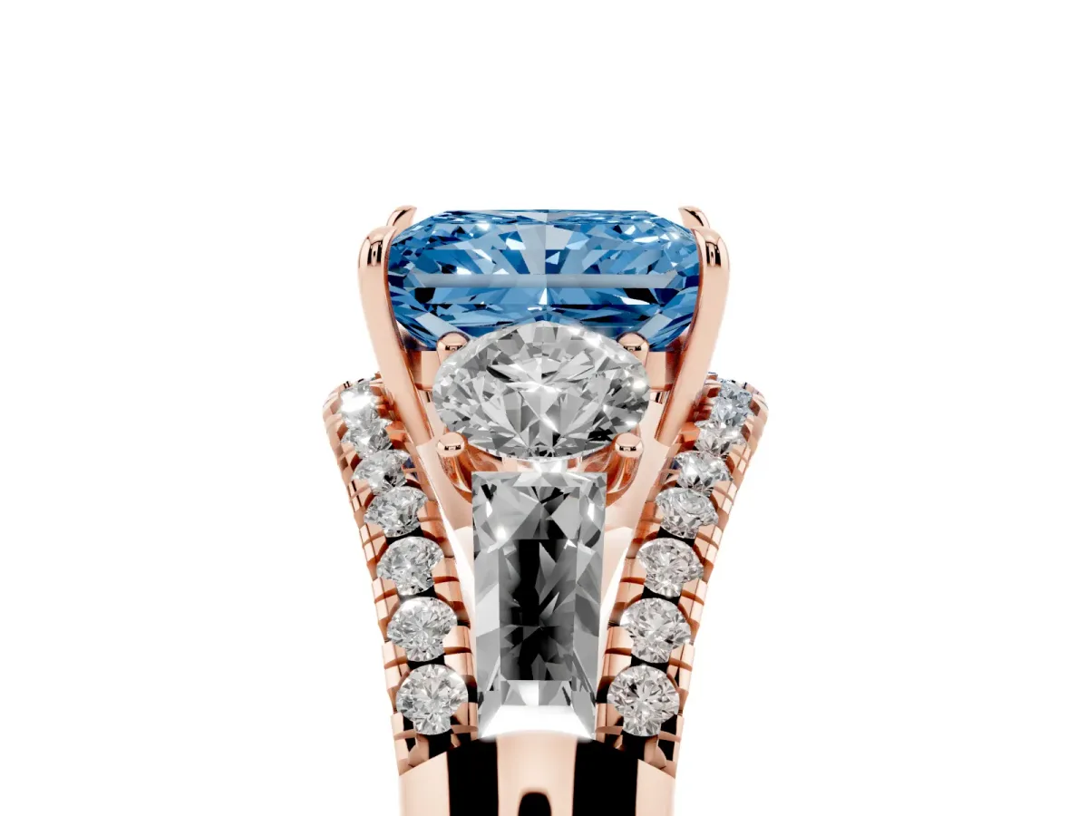 Fancy Blue Three-Stone Radiant Cut Diamond Engagement Ring with Pave Band and Prong Setting Rose gold