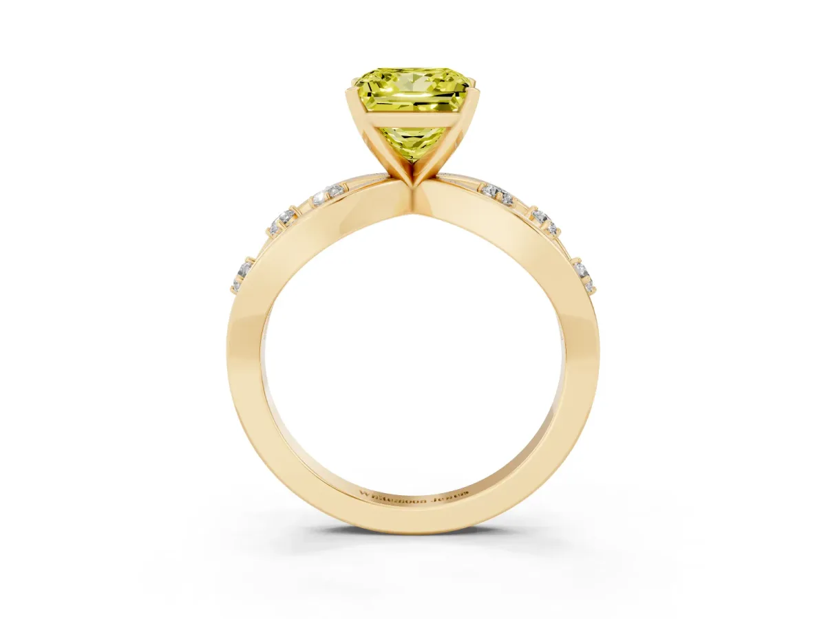 Fancy Yellow Princess Cut Cut Solitaire Diamond with Side Stones on Criss-Cross Band and Four-Prong Setting Yellow gold