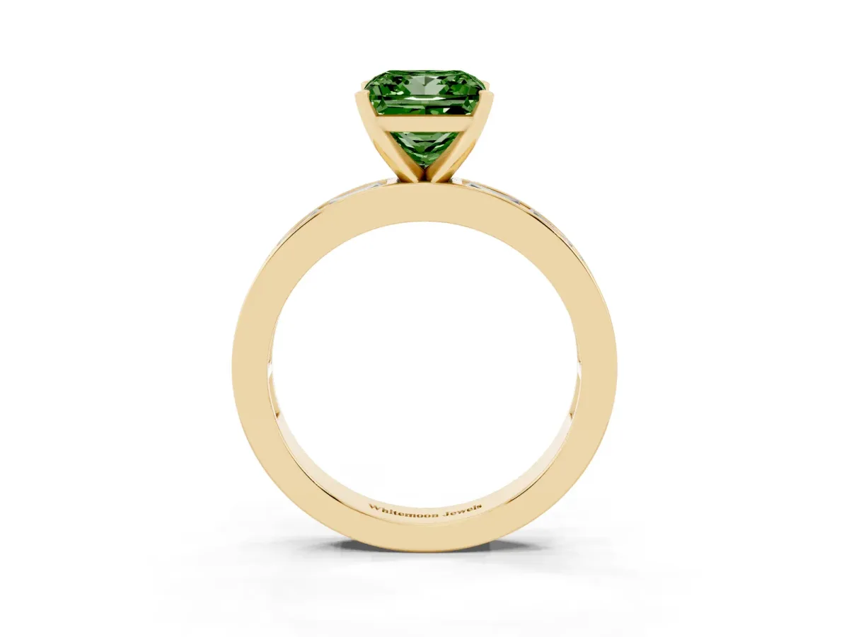 Fancy Green Princess Cut Solitaire Diamond Ring with Channel-Set Baguette Band and Four-Prong Setting Yellow gold