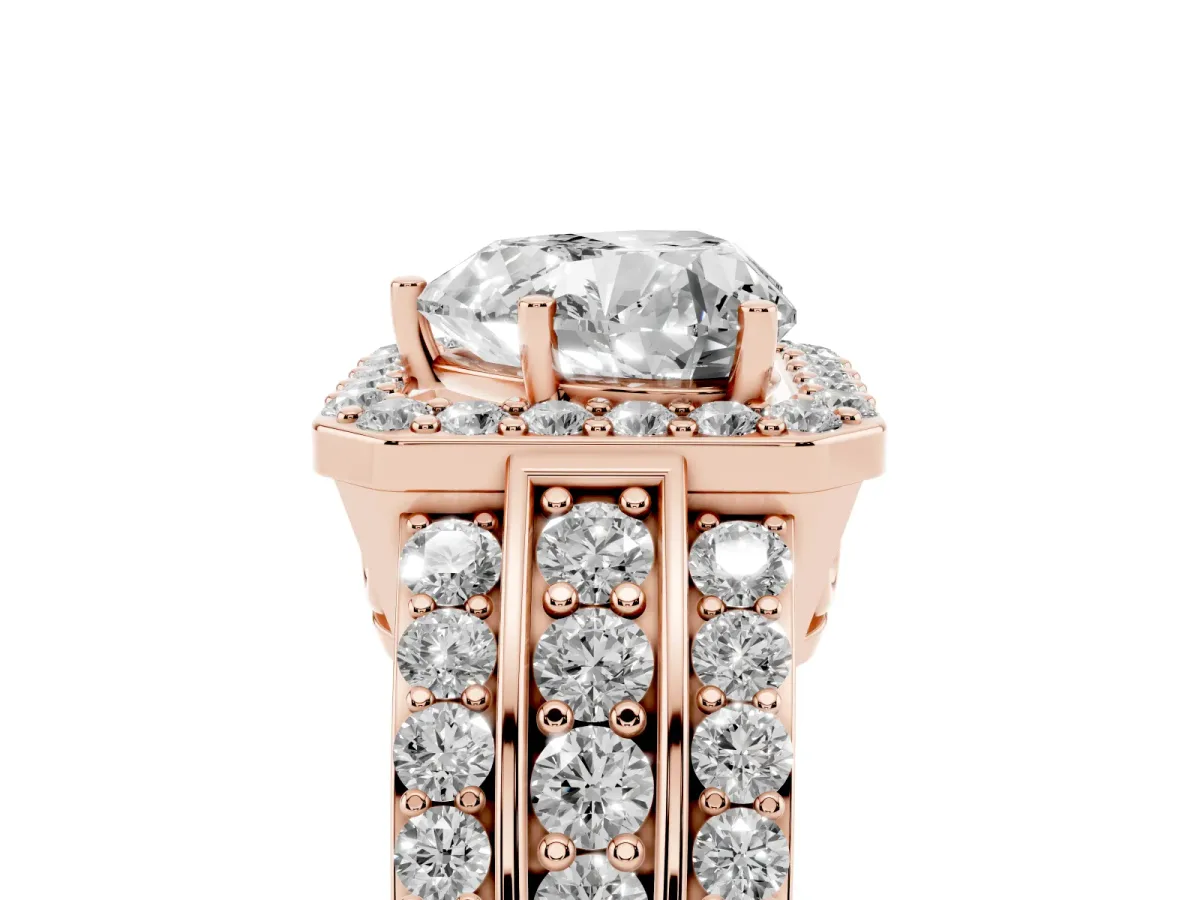 Heart Cut Halo Diamond Ring with Round Split Shank and Prong Setting Rose gold