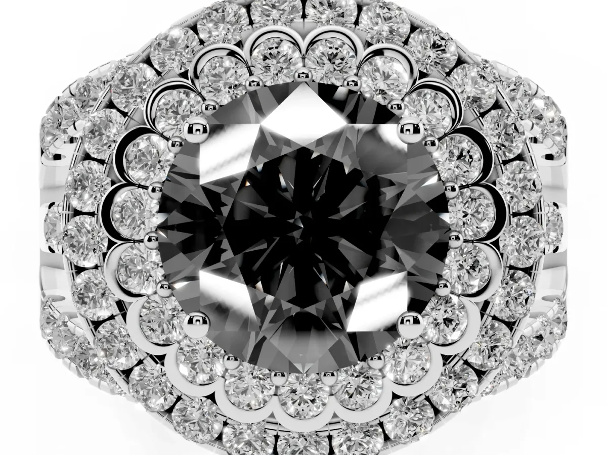 Fancy Black Round Cut Diamond Double Halo Ring with Round Pavé Split Shank and Prong Setting Silver