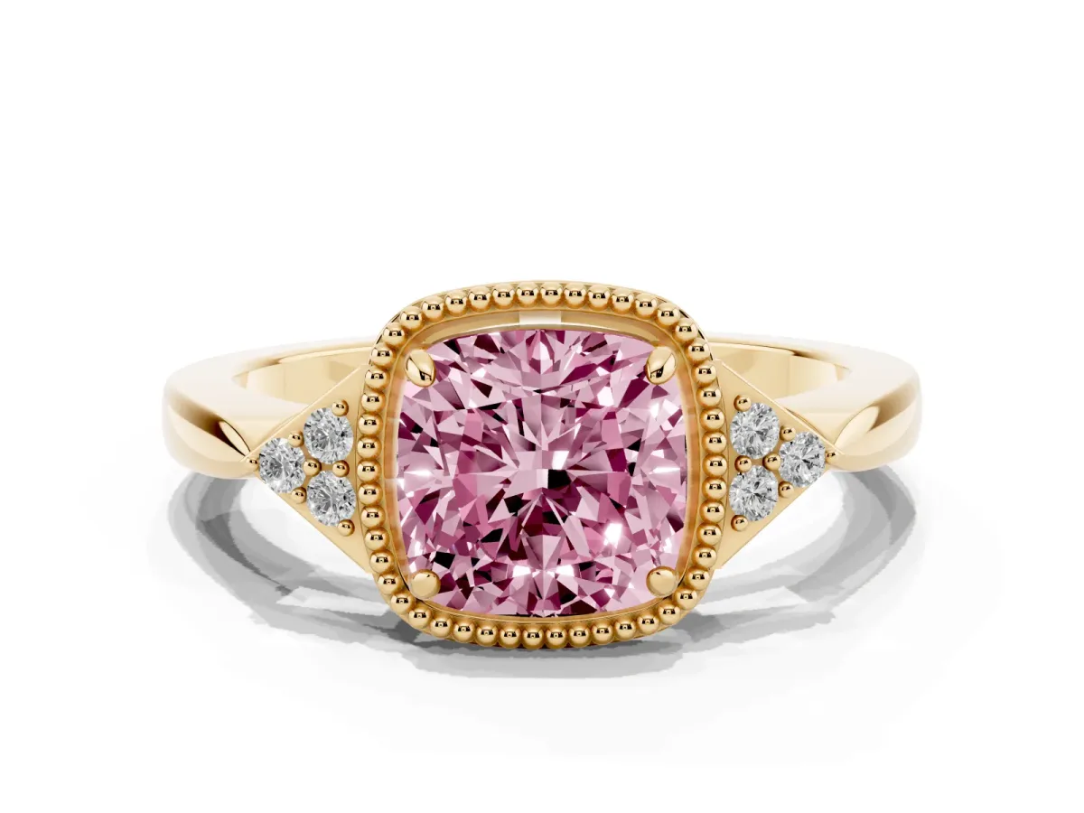 Fancy Pink Cushion Cut Diamond Halo Ring with Tapered Band and Four-Prong Setting Yellow gold