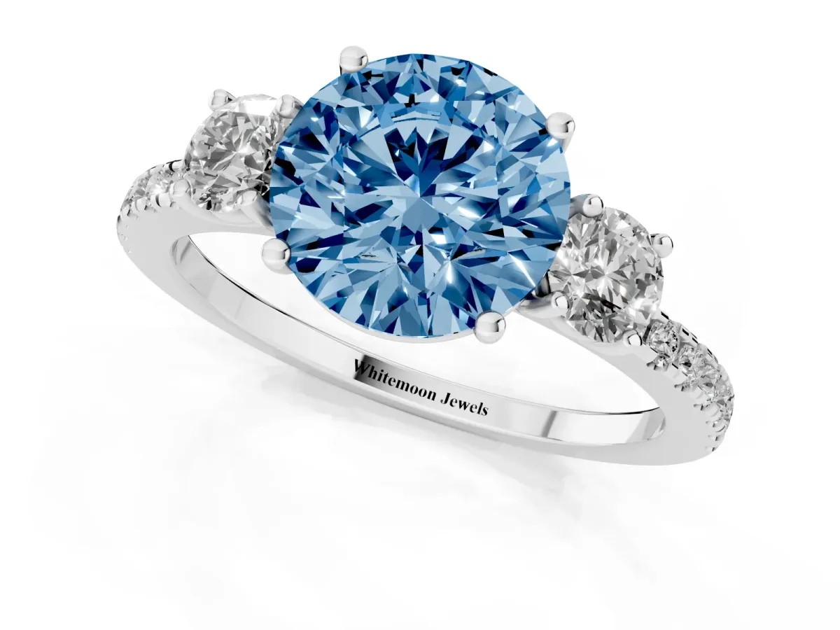 Fancy Blue Three-Stone Round Cut Cut Diamond Pavé Band with Prong Setting Silver