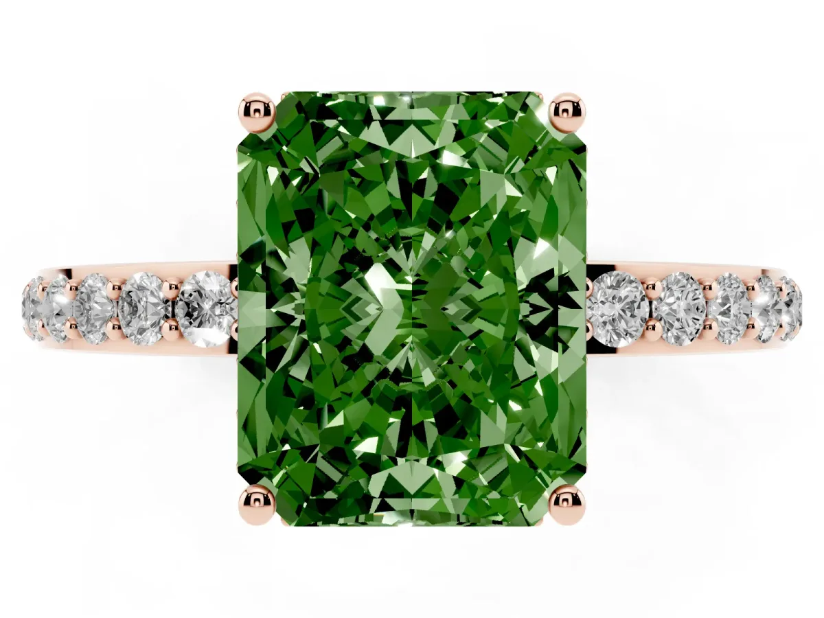 Fancy Green Radiant Cut Diamond Solitaire Ring with Pavé Band and Hidden Halo Rose gold