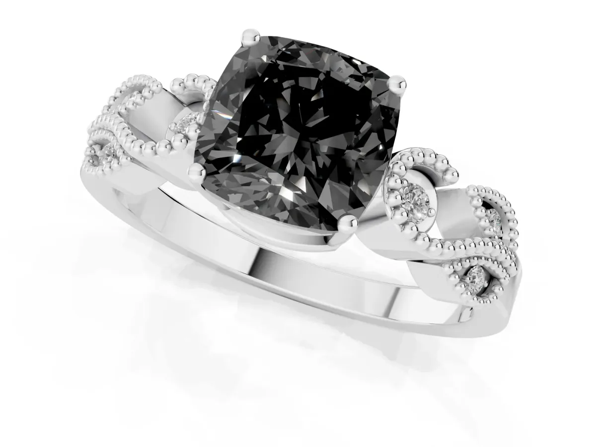 Fancy Black Cushion Cut Solitaire Milgrain Leaf Band with Prong Setting Silver