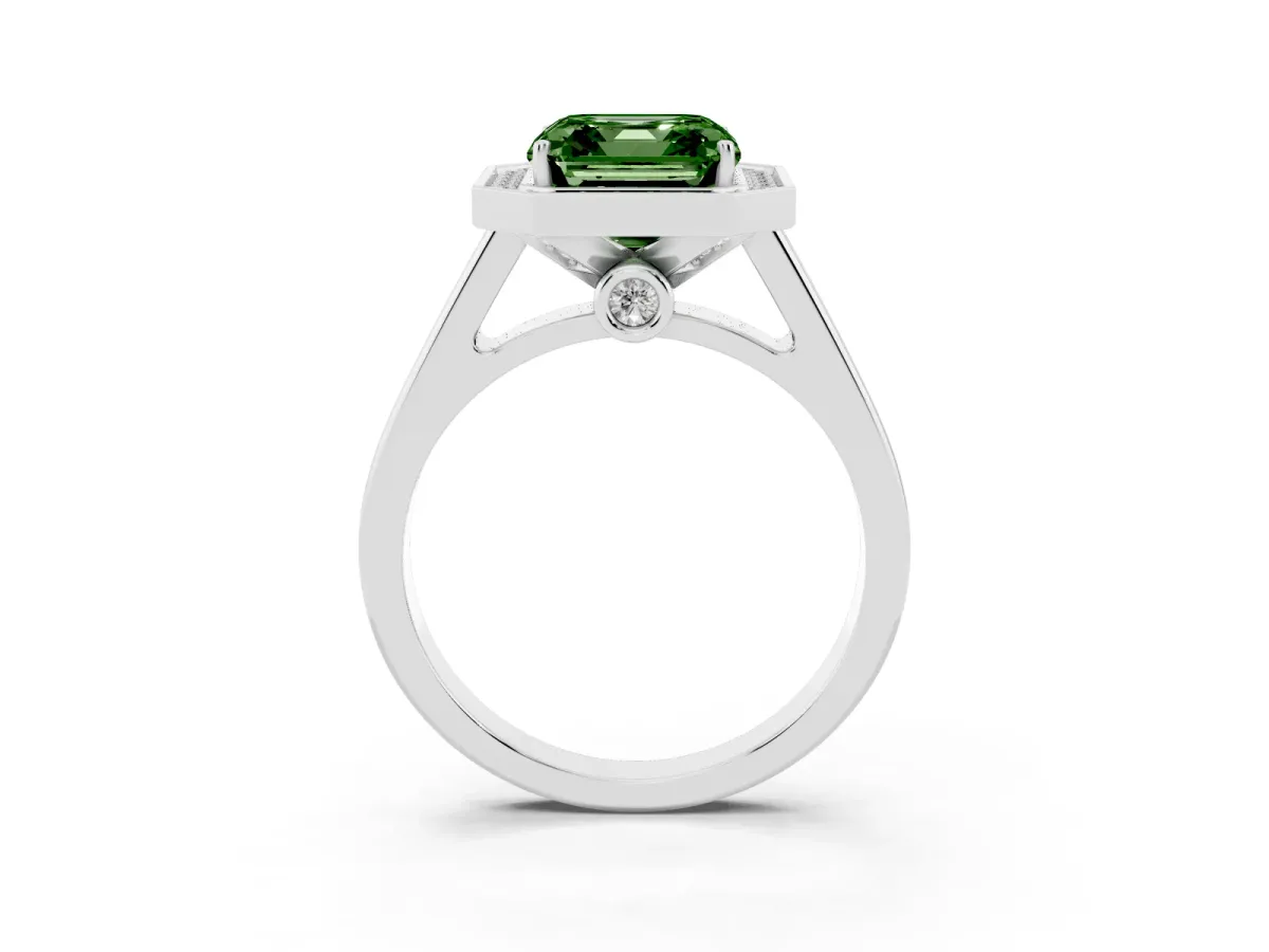 Fancy Green Asscher Cut Halo Solitaire Diamond Ring with Pave Band and Bezel Setting Platinum