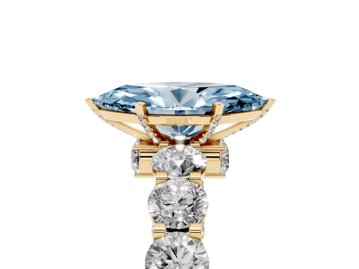 Fancy Blue Marquise Cut Diamond Side Stone Engagement Ring with Four-Prong Setting Yellow gold