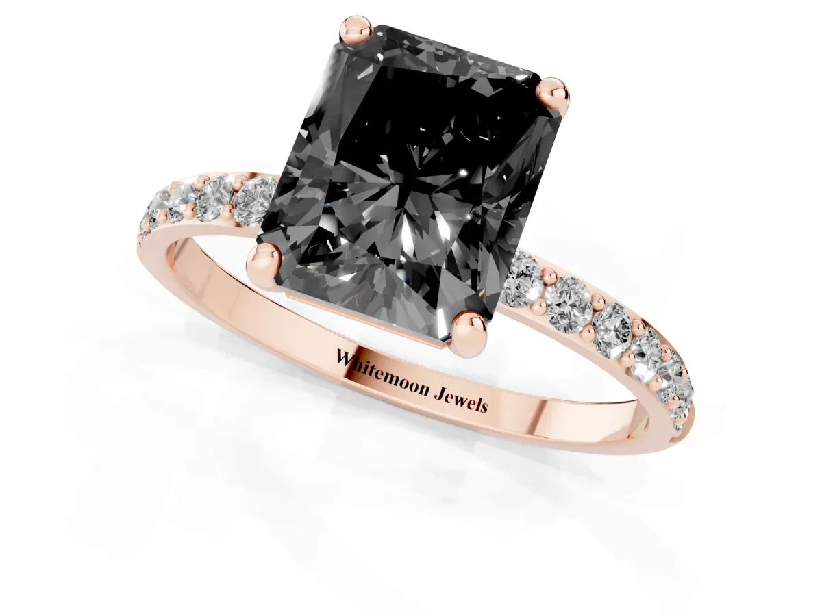 Fancy Black Radiant Cut Diamond Solitaire Ring with Round Pavé Band and Prong Setting Rose gold