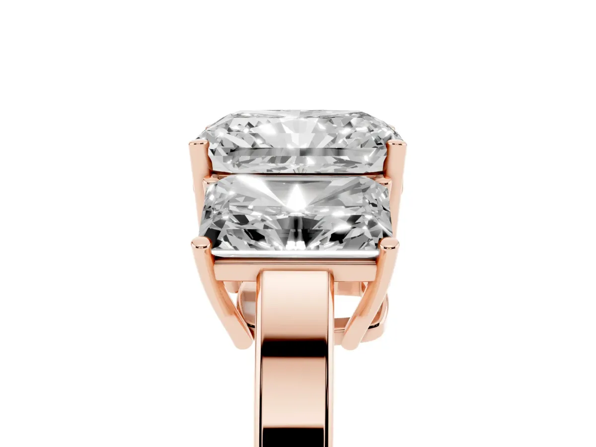 Three-Stone Radiant Cut Cut Diamond Engagement Ring with Flat Band and Four-Prong Setting Rose gold
