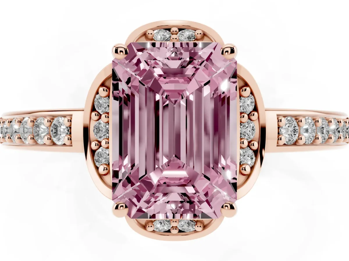 Fancy Pink Emerald Cut Cut Halo Diamond Ring with Channel Set Band and Four-Prong Setting Rose gold