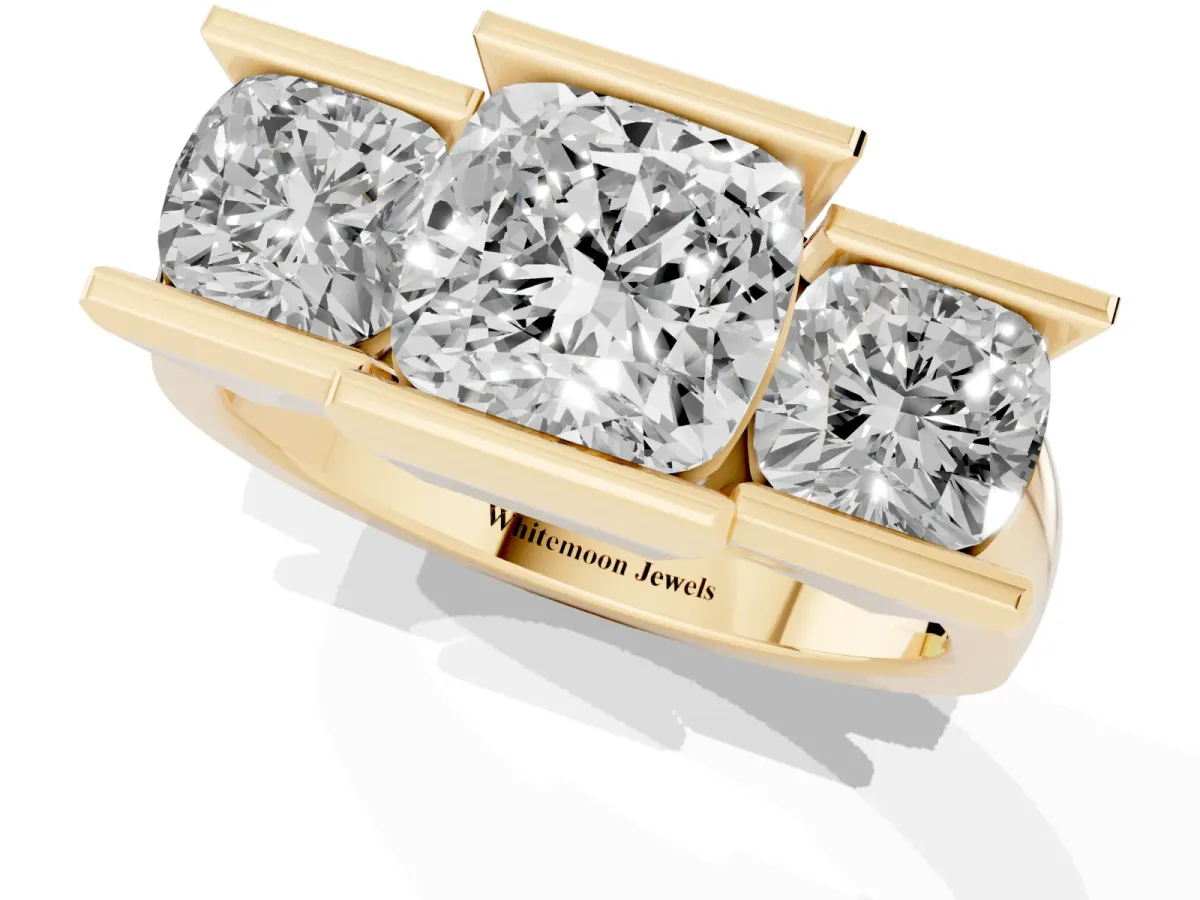 Three Stone Cushion Cut Cut Channel Set Diamond Ring Yellow gold
