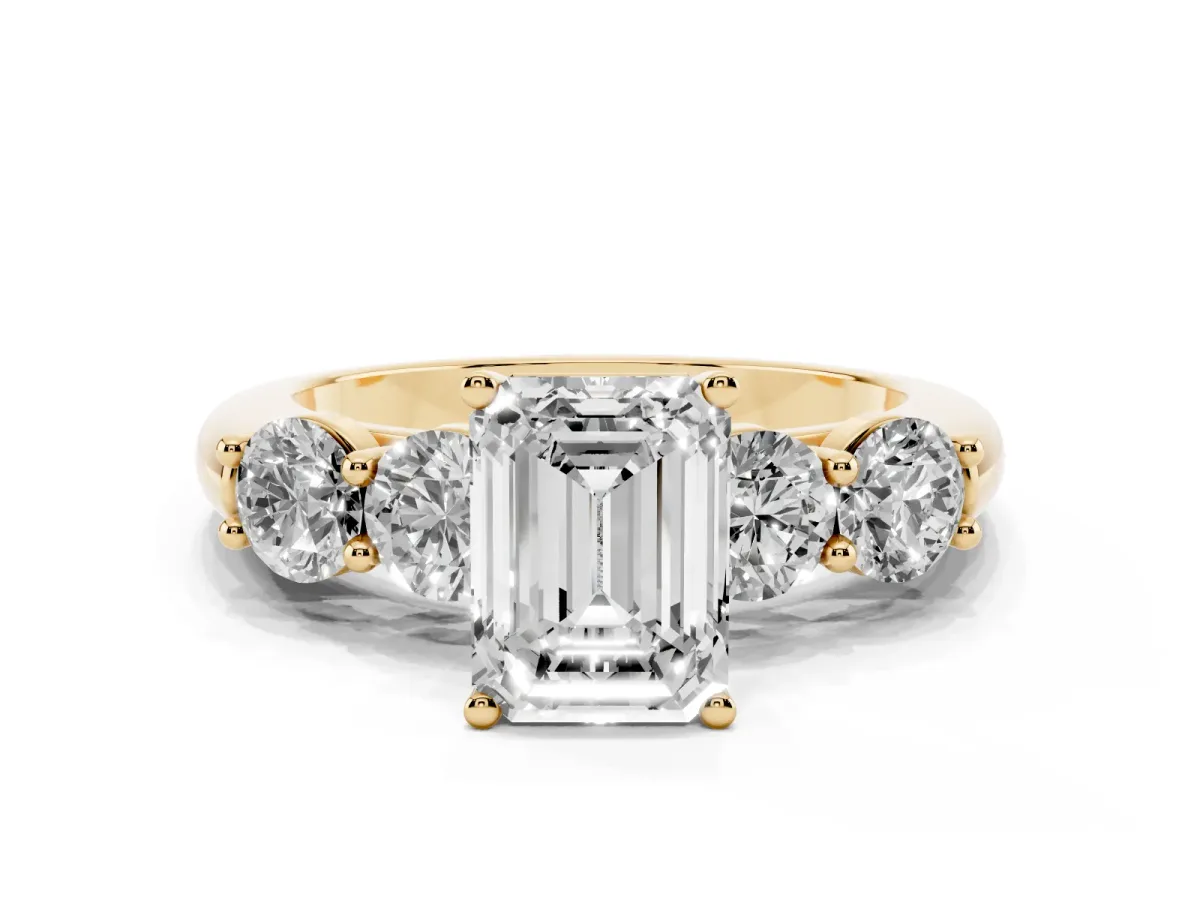 Emerald Cut Cut Five-Stone Prong Set Diamond Ring with Classic Band Yellow gold