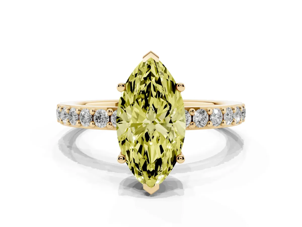 Fancy Yellow Marquise Cut Cut Diamond Solitaire with Pave Band and Four-Prong Setting Yellow gold