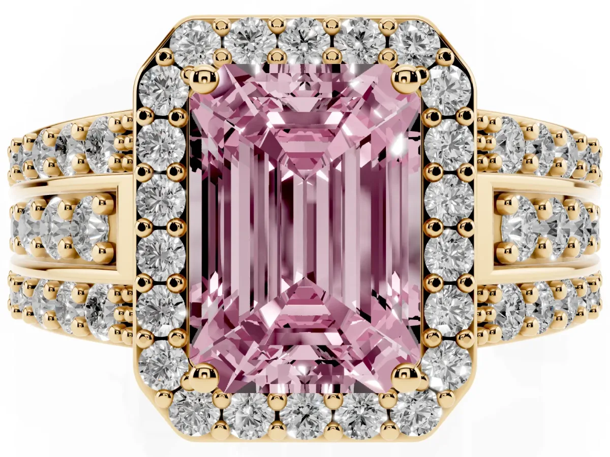 Fancy Pink Emerald Cut Halo Diamond Ring with Round Split Shank and Prong Setting Yellow gold