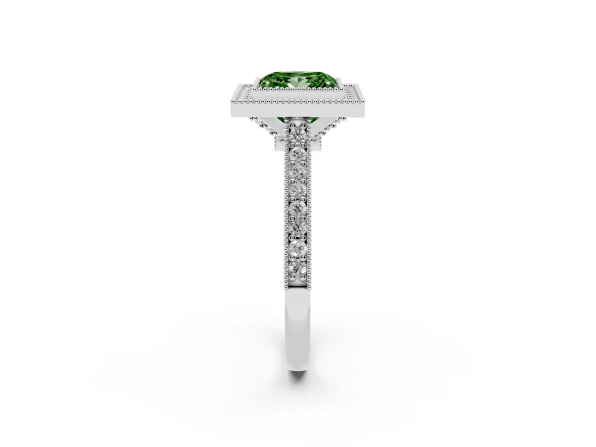 Fancy Green Halo Princess Cut-Cut Diamond Pave Band Milgrain Prong Setting Ring Silver