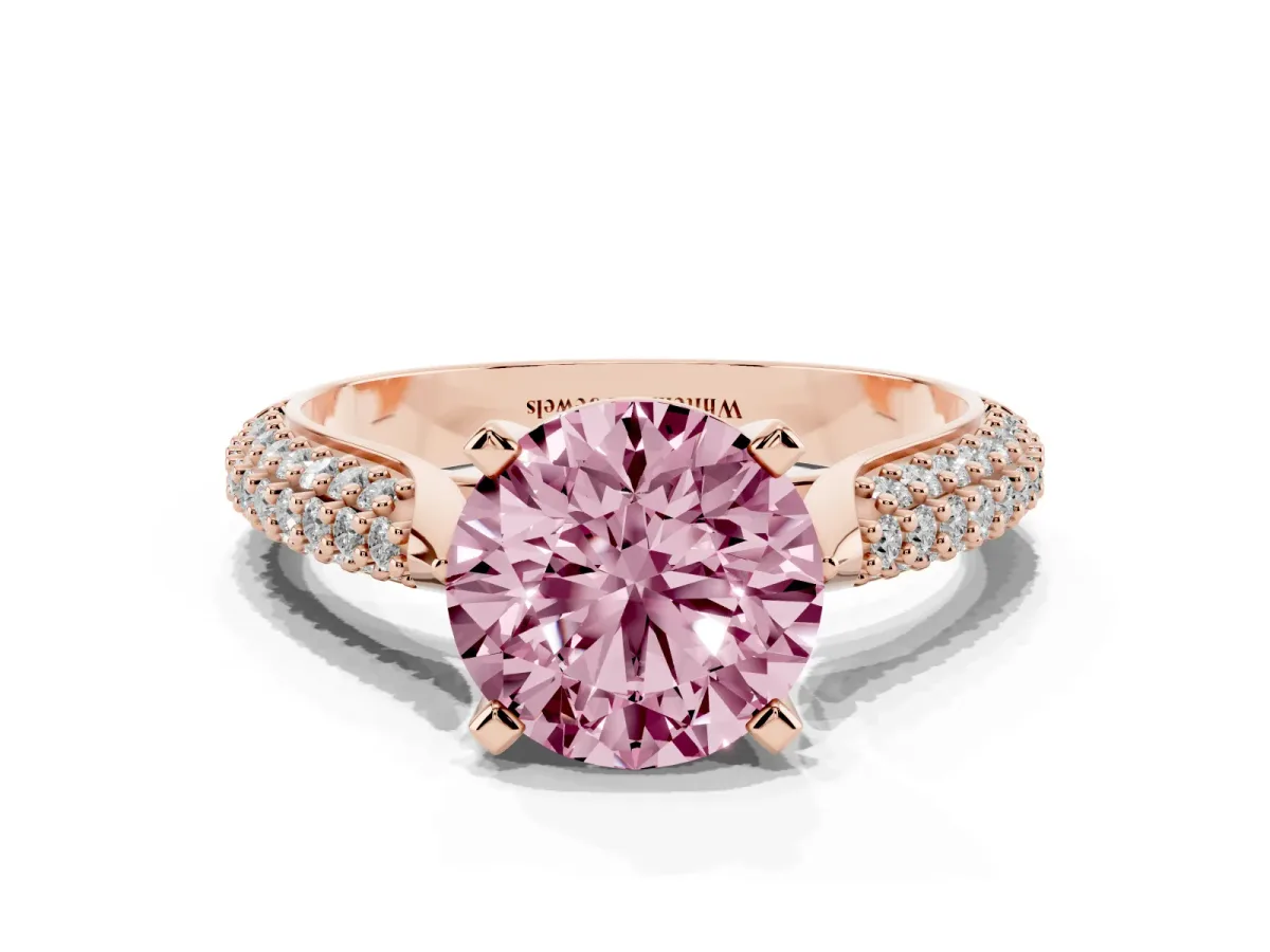Fancy Pink Round Cut Diamond Solitaire Engagement Ring with Multi-Row Round Pavé Band and Prong Setting Rose gold