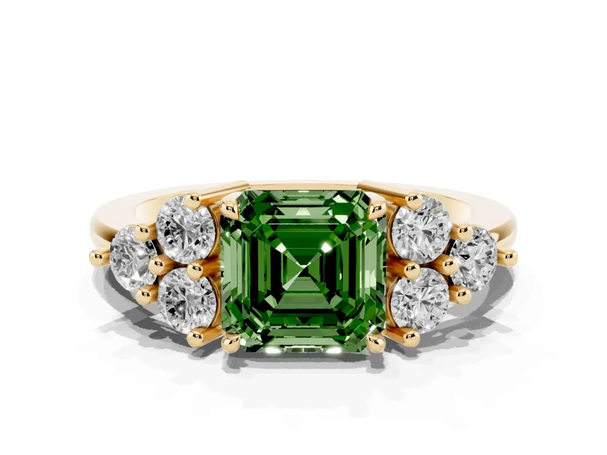 Fancy Green Asscher Cut Brilliant Diamond Cluster Accent Solitaire Ring with Prong Setting Yellow gold