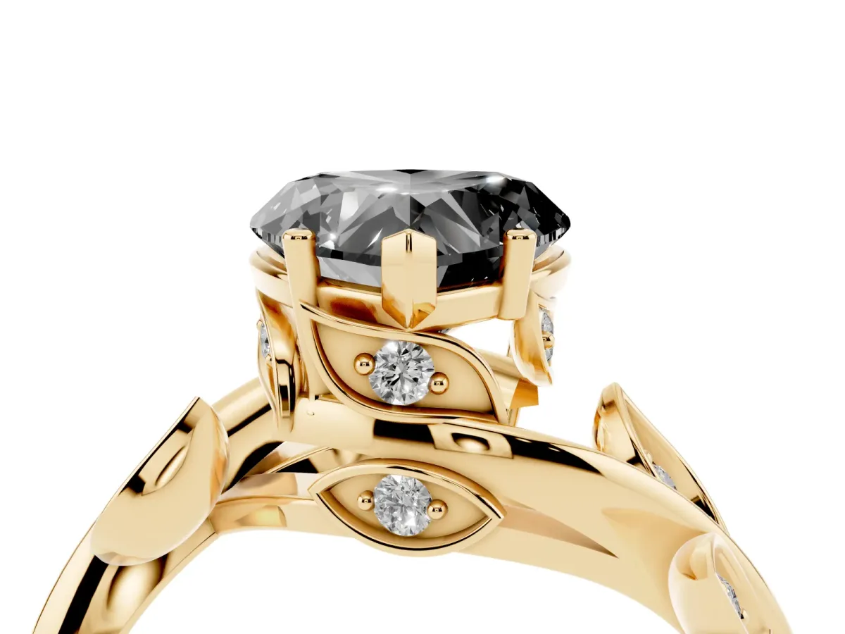 Fancy Black Heart Cut Solitaire Twist Engagement Ring with Leaf Accents and Prong Setting Yellow gold