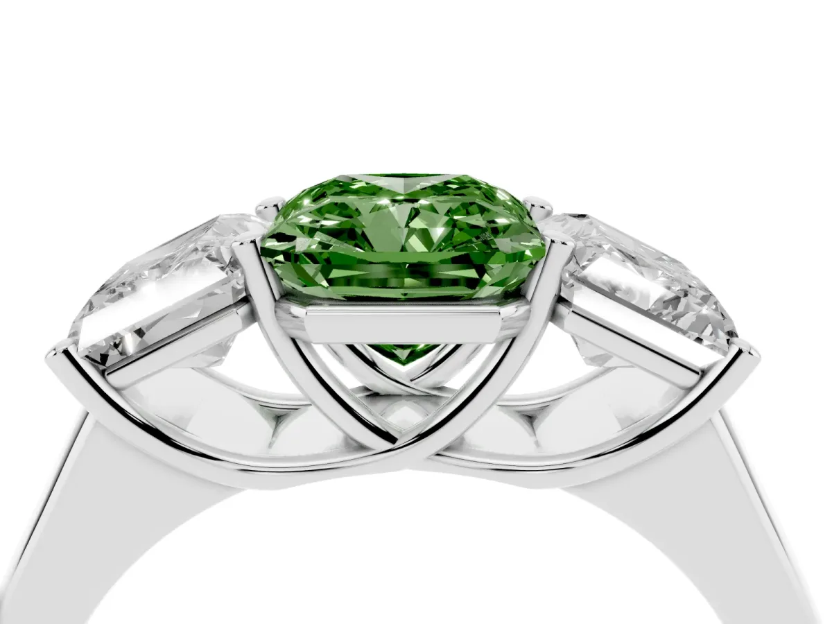 Fancy Green Radiant Cut Three-Stone Diamond Ring with Prong Setting on a Classic Band Silver
