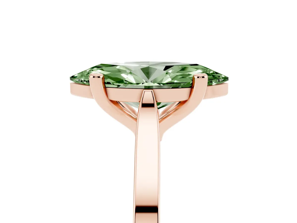 Fancy Green Marquise Cut Solitaire Diamond Ring with Four-Prong Setting and Tapered Band Rose gold