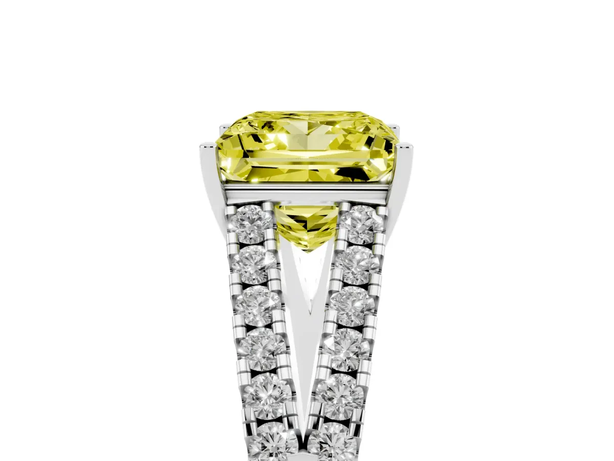 Fancy Yellow Princess Cut Diamond Split Shank Engagement Ring with Round Pavé and Prong Setting Silver