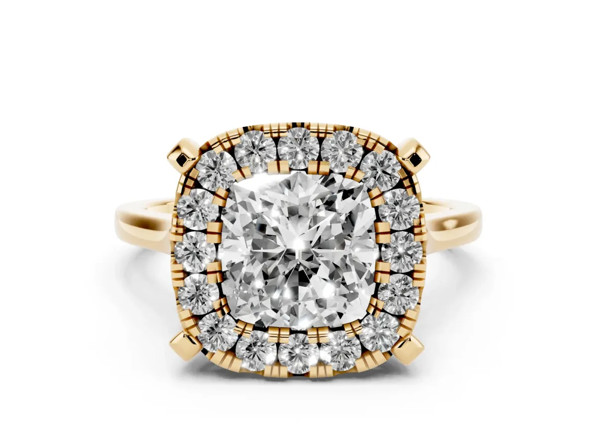 Cushion Cut Diamond Cluster Halo Solitaire with Four-Prong Setting Yellow gold