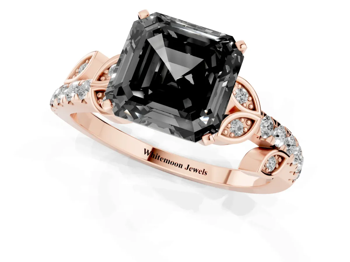 Fancy Black Asscher Cut Solitaire Leaf-Inspired Diamond Ring with Pavé Band and Four-Prong Setting Rose gold