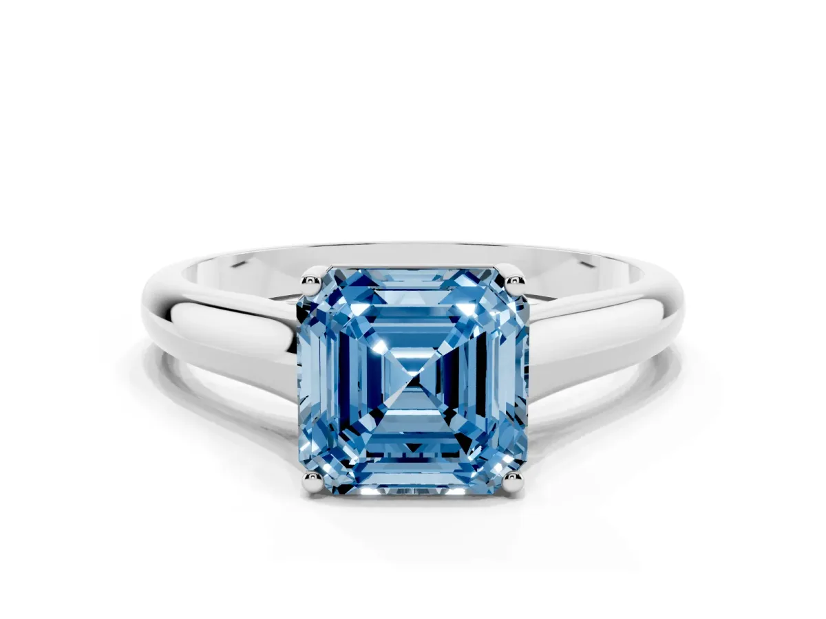 Fancy Blue Asscher Cut Solitaire Engagement Ring with Tapered Band and Four-Prong Setting Silver